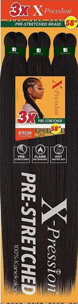 X-Pression 3X Pre-Stretched Braid 58" – 100% Kanekalon 1B